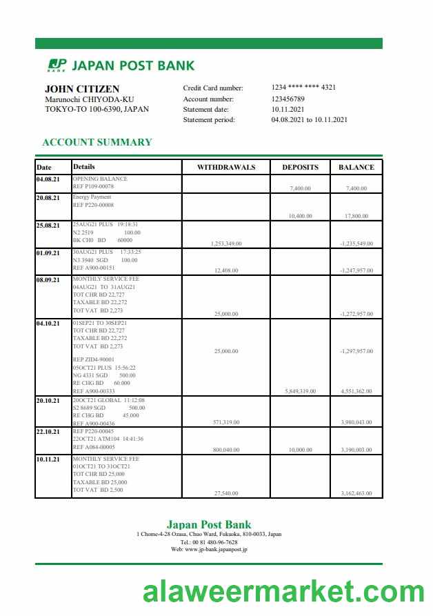 Japan Post bank statement easy to fill template in Excel and PDF format